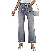 IWD Wide Leg Jeans for Women High Waisted Trendy Scallop Pocket Flare Jeans Stretchy Baggy Cropped Denim Pants