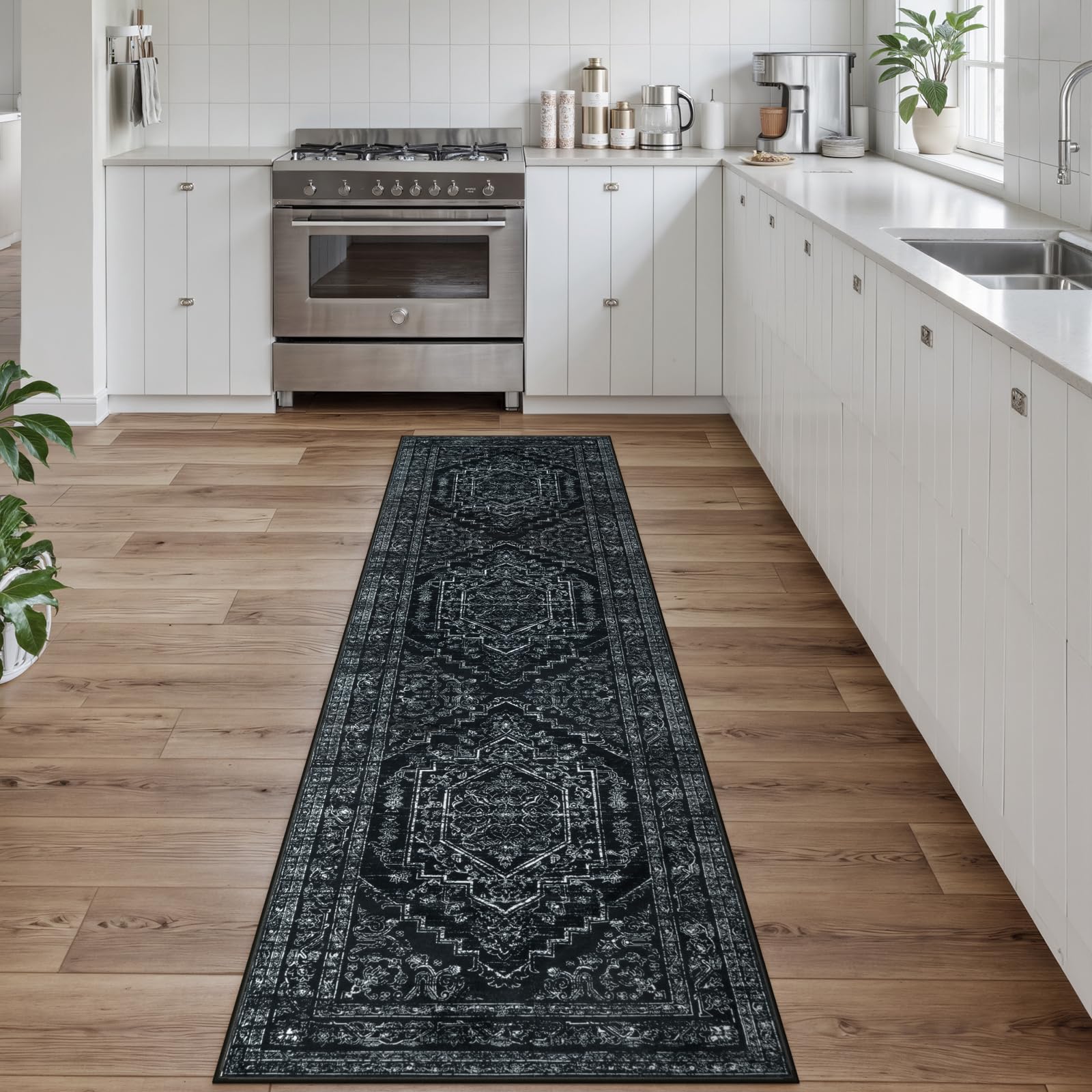Photo 1 of Uphome Long Washable Kitchen Runner Rug, 2x8 Soft Rug Runners for Hallways Non Slip, Farmhouse Entryway Runner Rugs Low Pile, Stain Resistant Modern Carpet Runner for Hallway Bedroom, Black