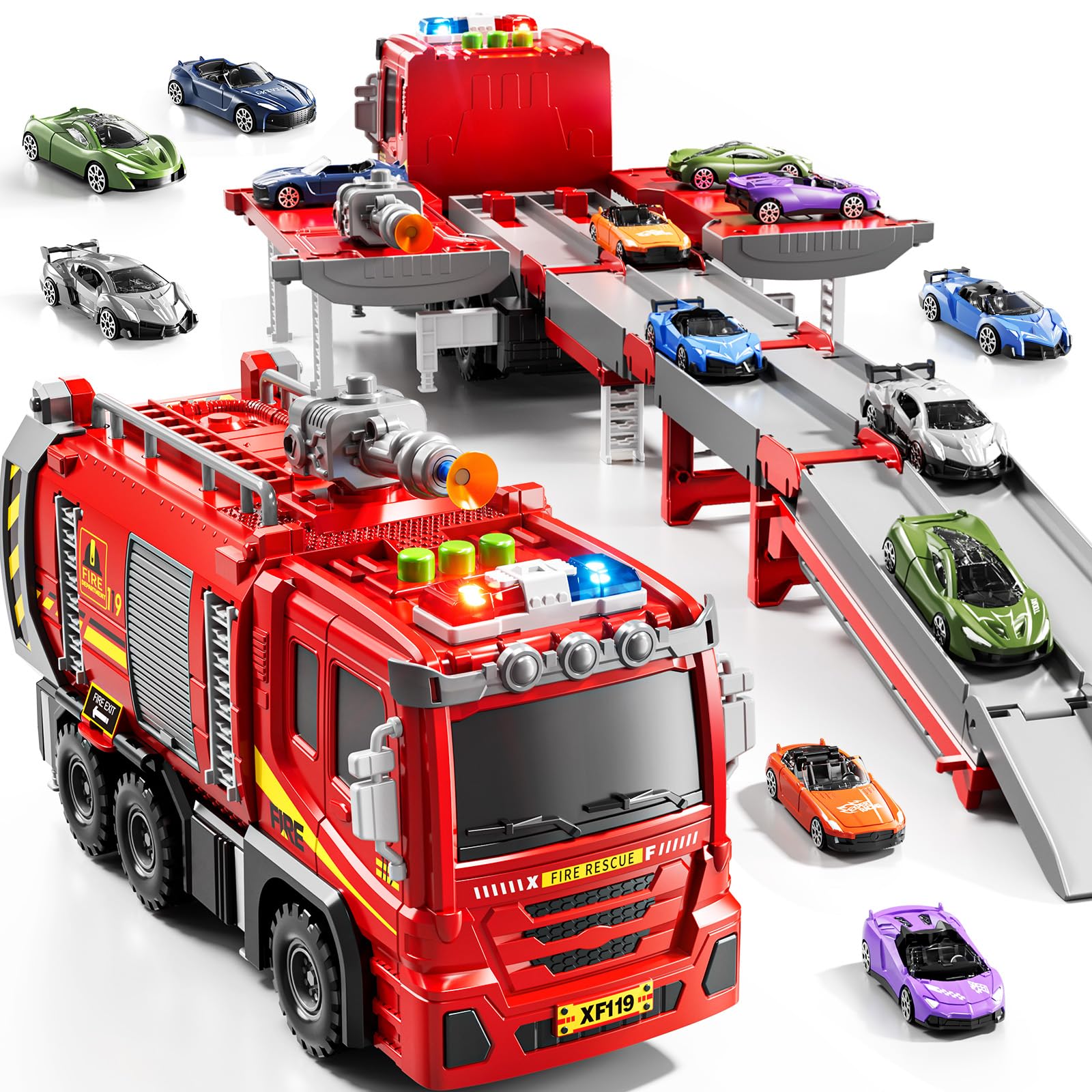 DULONIME Fire Trucks for Toddlers 1-3, Firetruck Toys for Toddlers 1-3 3-5, Folded Carrier Truck Race Track with 6 Racing Car Toys, Light Sound, Birthdays for Kids Girls Aged 3-9