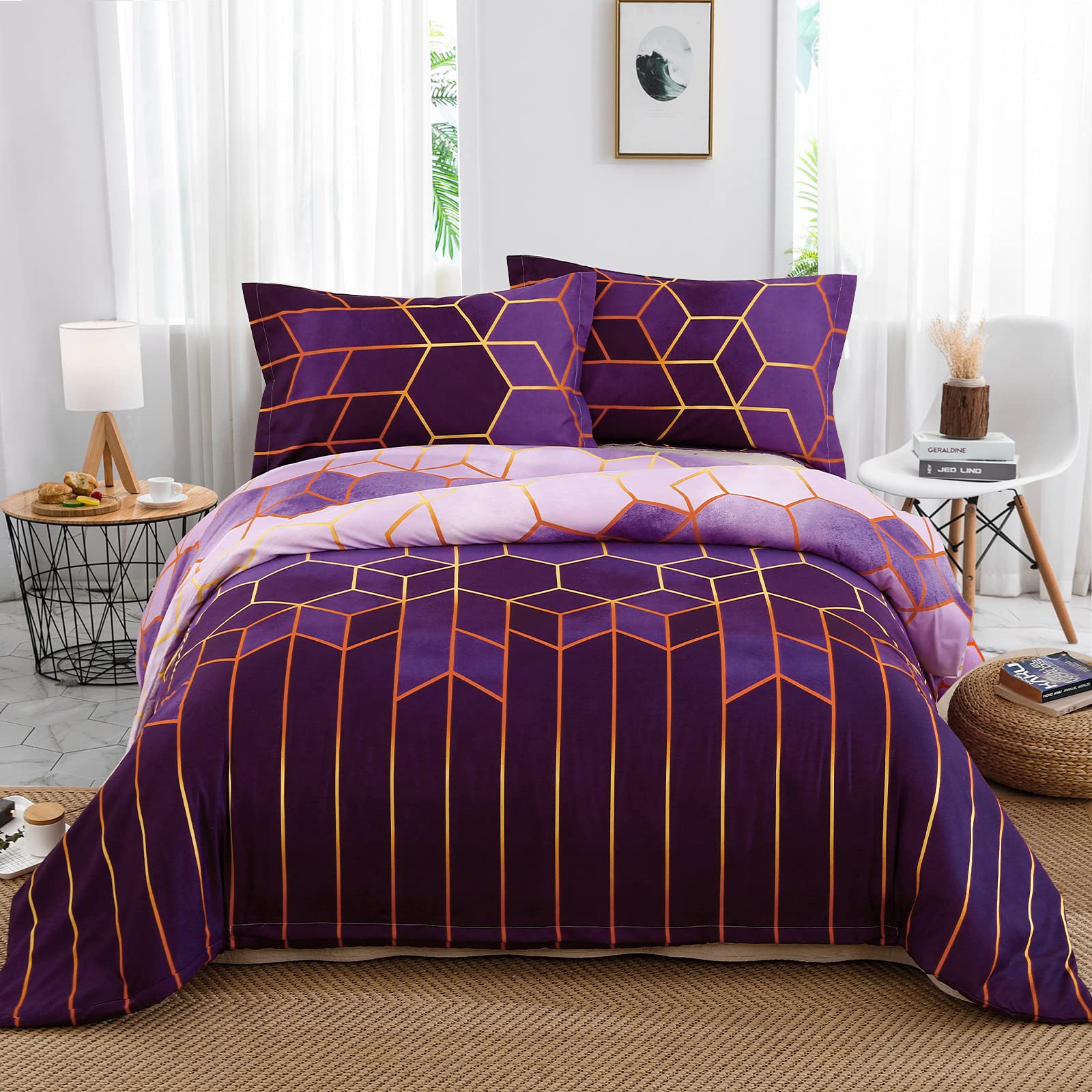 DJY Purple Geometric Duvet Cover Golden Stripes Soft Microfiber Bedding Duvet Cover Set, Reversible Lightweight Bedding Sets 3pcs with Zipper Closure (Double, 200x200cm)