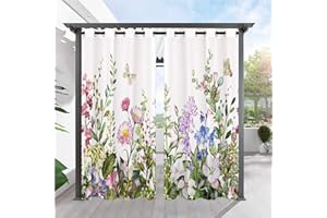 ANHOPE Outdoor Curtains Waterproof Grommet Outside Curtains with Watercolor Flower Leaf Butterfly Print Pattern Privacy Window Drapes for Patio Gazebo Pergola Porch Cabana Deck 2 Panels 54 x 84 Inch