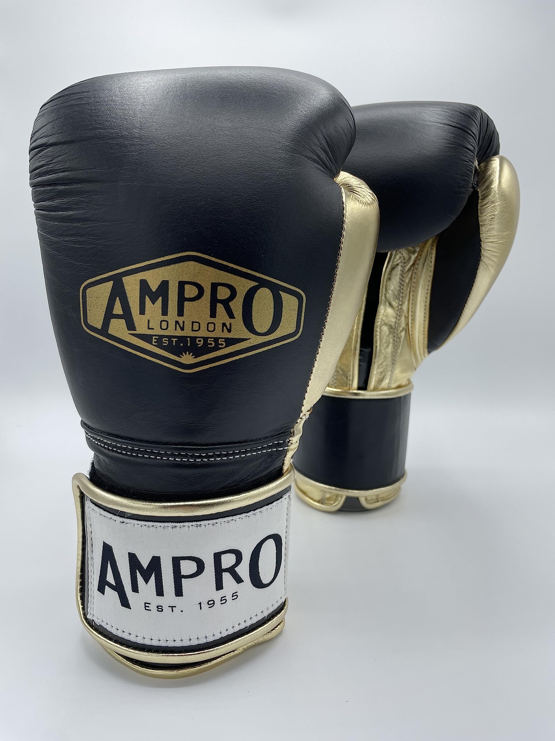 Ampro Hybrid Powertech Hook and Loop Sparring Glove - Sparring/Bag/Spar/Boxing/Training (Black/Gold, 14oz)