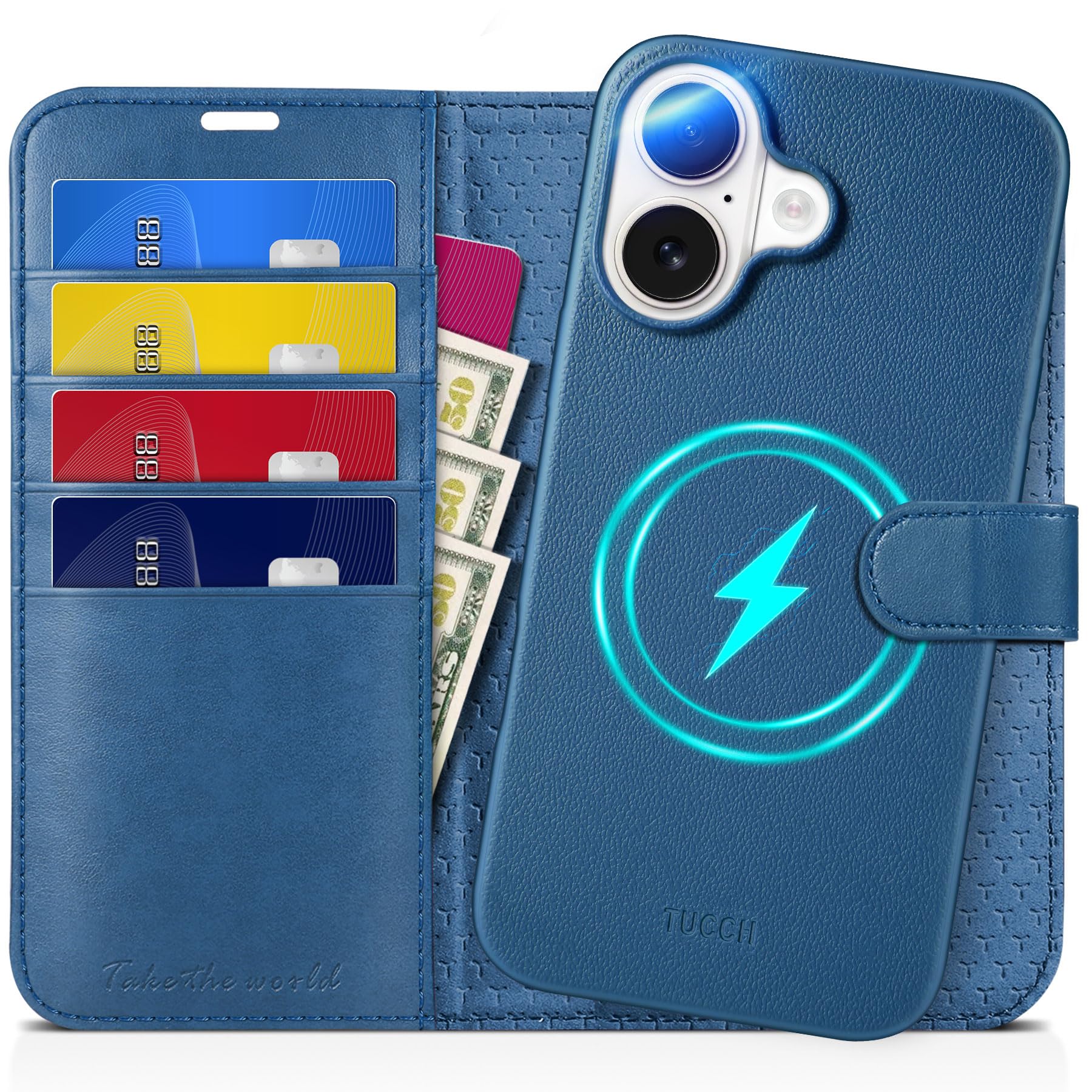 TUCCH Case for iPhone 16 (6.1") 2024, 2-in-1[Detachable]Magnetic PU Leather Wallet Case with[RFID Blocking][Wireless Charging][Card Slot]Removable Protective Stand Folio for iPhone 16, Full Lake Blue