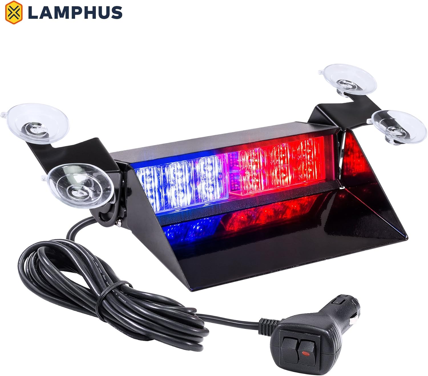 LAMPHUS SolarBlast SBWL26 12W Blue RED LED Strobe Dash Light [32 Flash Modes] [Adjustable Angle] [Suction Cups] Flashing Emergency Warning Dash Windshield Police Light for Trucks Vehicles