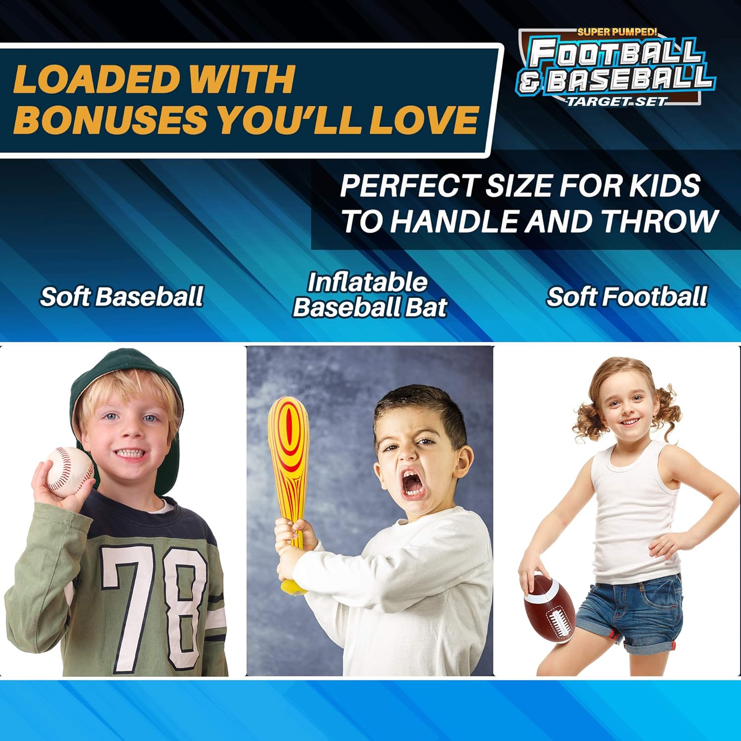 Super Pumped! Inflatable Double-Sided Baseball & Football Target Set | Blow Up Toy with Soft Football, Baseball & Inflatable Bat | Fun Toss Games for Indoor, Outdoor, Backyard & Party Favor | 5 Feet: Toys & Games