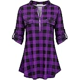 Ninedaily Women's 3/4 Sleeve Plaid Shirts Zip Floral Casual Tunic Blouse Tops