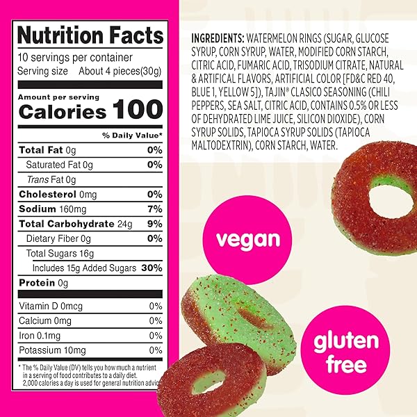 SNAK CLUB WATERMELON RINGS, TAJIN CHILI & LIME SEASONED, SWEET AND SPICY GUMMY CANDY, MILD IN HEAT BOLD IN FLAVOR, LOW-FAT, VEGAN, GLUTEN-FREE SNACK, FAMILY SIZE, 11 OUNCE