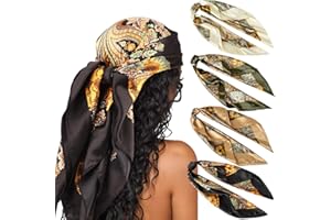 DRESHOW 35” Large Square Satin Head Scarf - 4Pcs Silk Accessories Classic Patterned Squares Beach Bandanas for Women