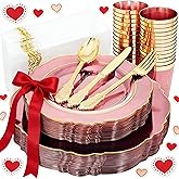 KIRE 210Pcs Clear Pink Plastic Plates with Gold Rim - Disposable Pink Plates&Silverware&Pink Cups&Hand Napkin - Plum Colored Plastic Dinnerware for Upscale Wedding/Valentine's Day