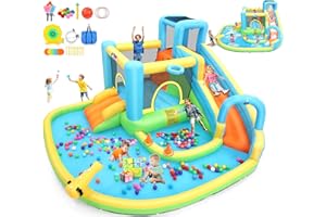 WHUBEFY 12.8x12FT Water Slide Bounce House for Kids, 12-in-1 Inflatable Water Park with Catch Ball Set/Toss Rings/Water Soaker Balls/Water Gun/Basketball/Splash Pool/Water Cannon/Climbing Wall/Basketball Hoop