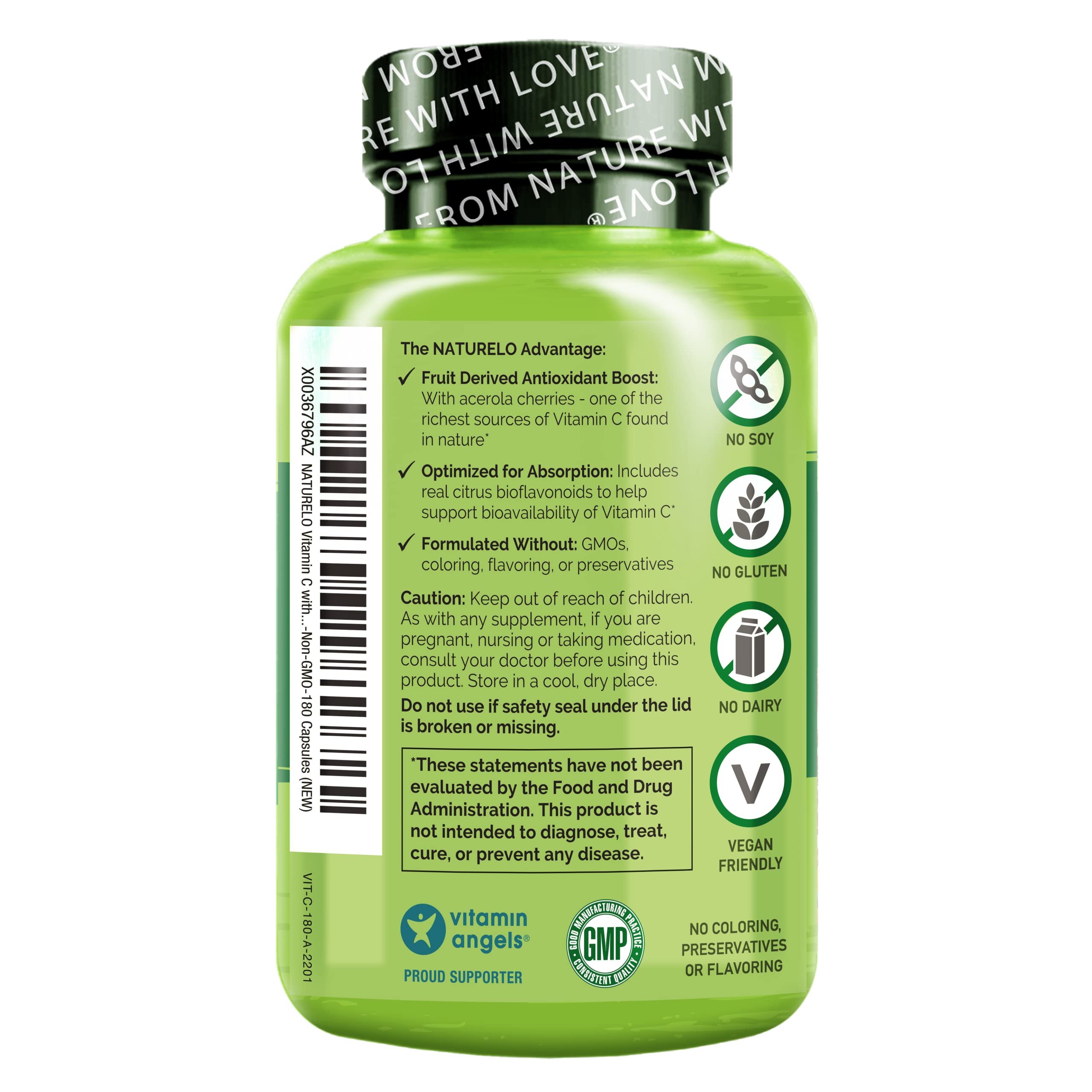 NATURELO Vitamin C with Organic Acerola Cherry Extract and Citrus Bioflavonoids - Vegan Supplement - Immune Support - 500 mg VIT C per Cap - Non-GMO - 180 Capsules
