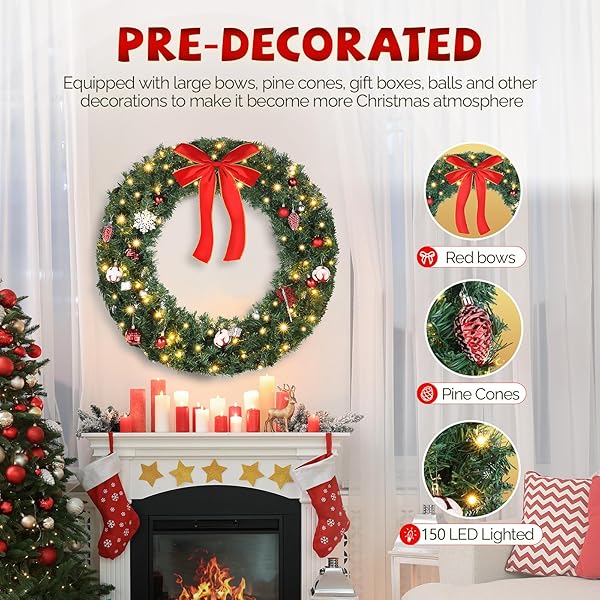 VINGLI PRE-LIT ARTIFICIAL CHRISTMAS WREATH FOR FRONT DOOR, WINDOWS, GREEN CHRISTMAS WREATH DECORATIONS WITH FORESTED BRANCHES, XMAS WREATH W/BOW, PINE CONES, ORNAMENTS, REMOTE CONTROL, TIMER, 36 INCH