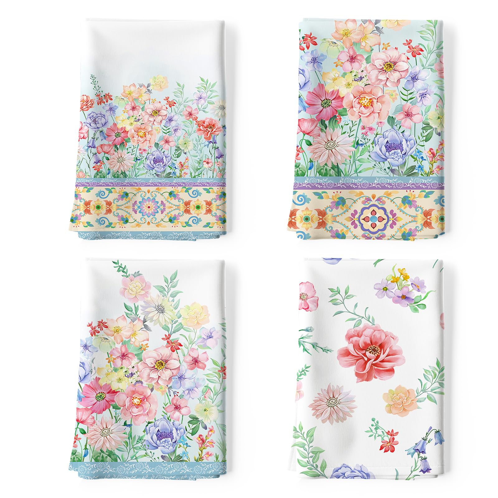 Arquiel Blossoming Flower Kitchen Towels, 100% Cotton Set of 4, 48 x 70CM Multi-Purpose Quick Dry Dish Cloths, Hand and Bar Towels