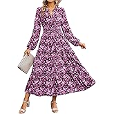 Women Long Sleeve Midi Dress, Boho Floral Casual Flowy A Line Dresses, Spring Elegant Classy Dress with Pocket