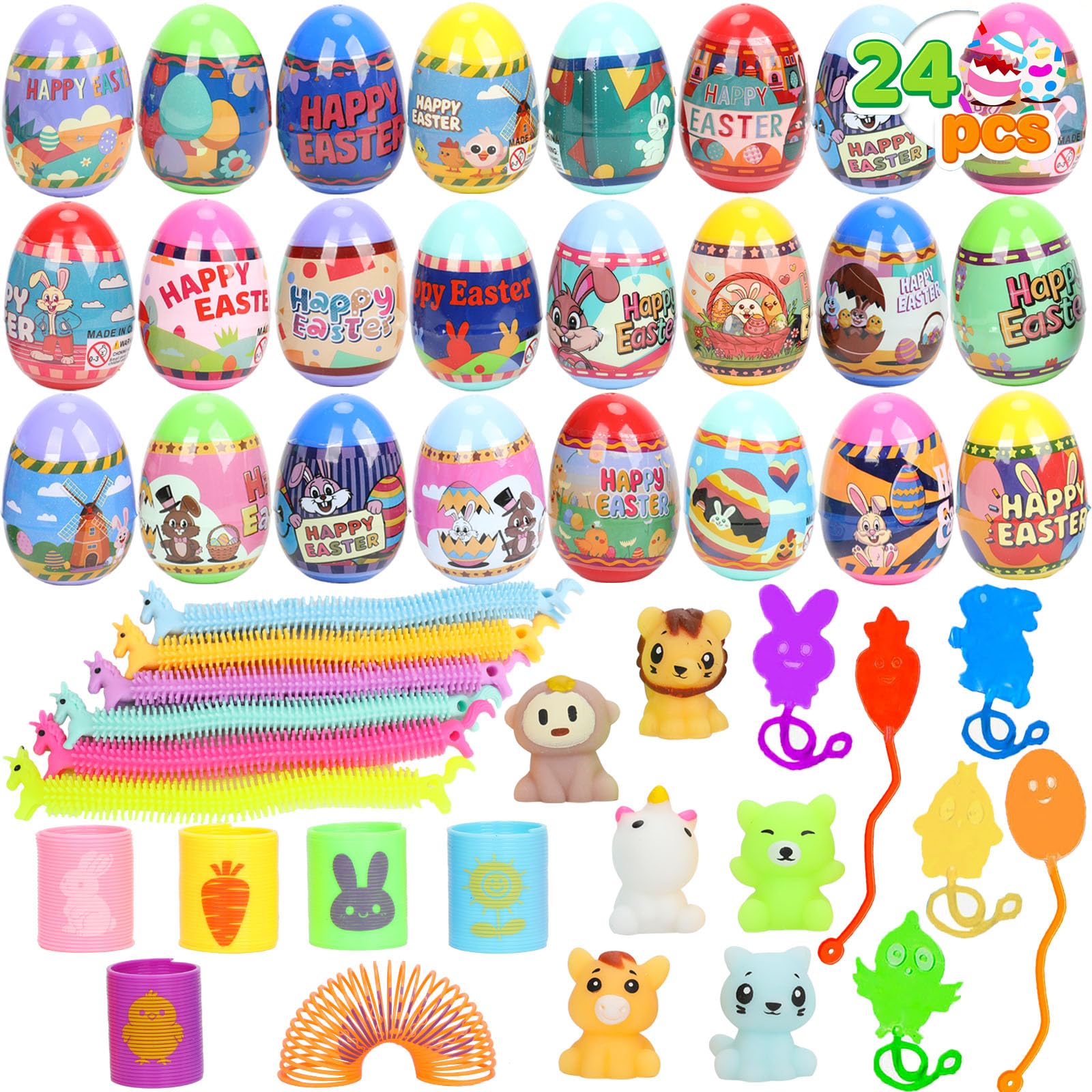 VOMAOK 24 Pack Easter Eggs with Toy Inside,Includes Coil Springs,Squishies,Sticky Hands,Stretchy Strings for Easter Basket Stuffers,Party Favors,Egg Hunts