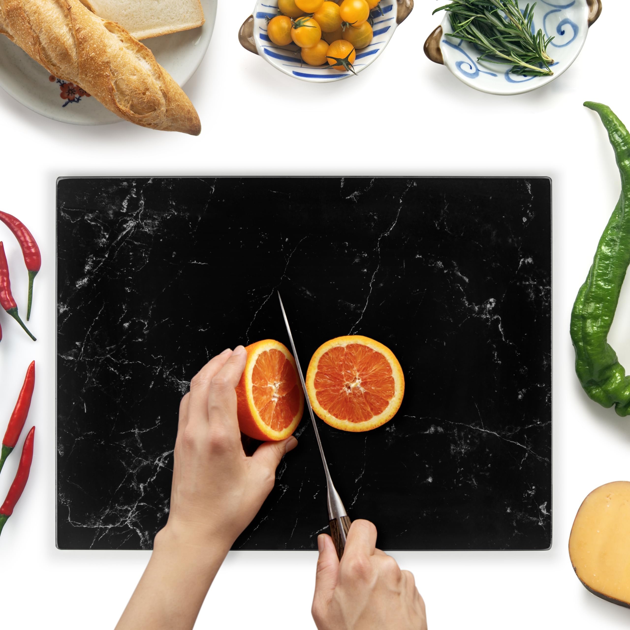 Kitchenville Glass Chopping Board 40x30 cm : Tempered Glass Worktop Savers for Kitchens, Durable, Scratch-Resistant, Heat-Proof - Black Marble Effect