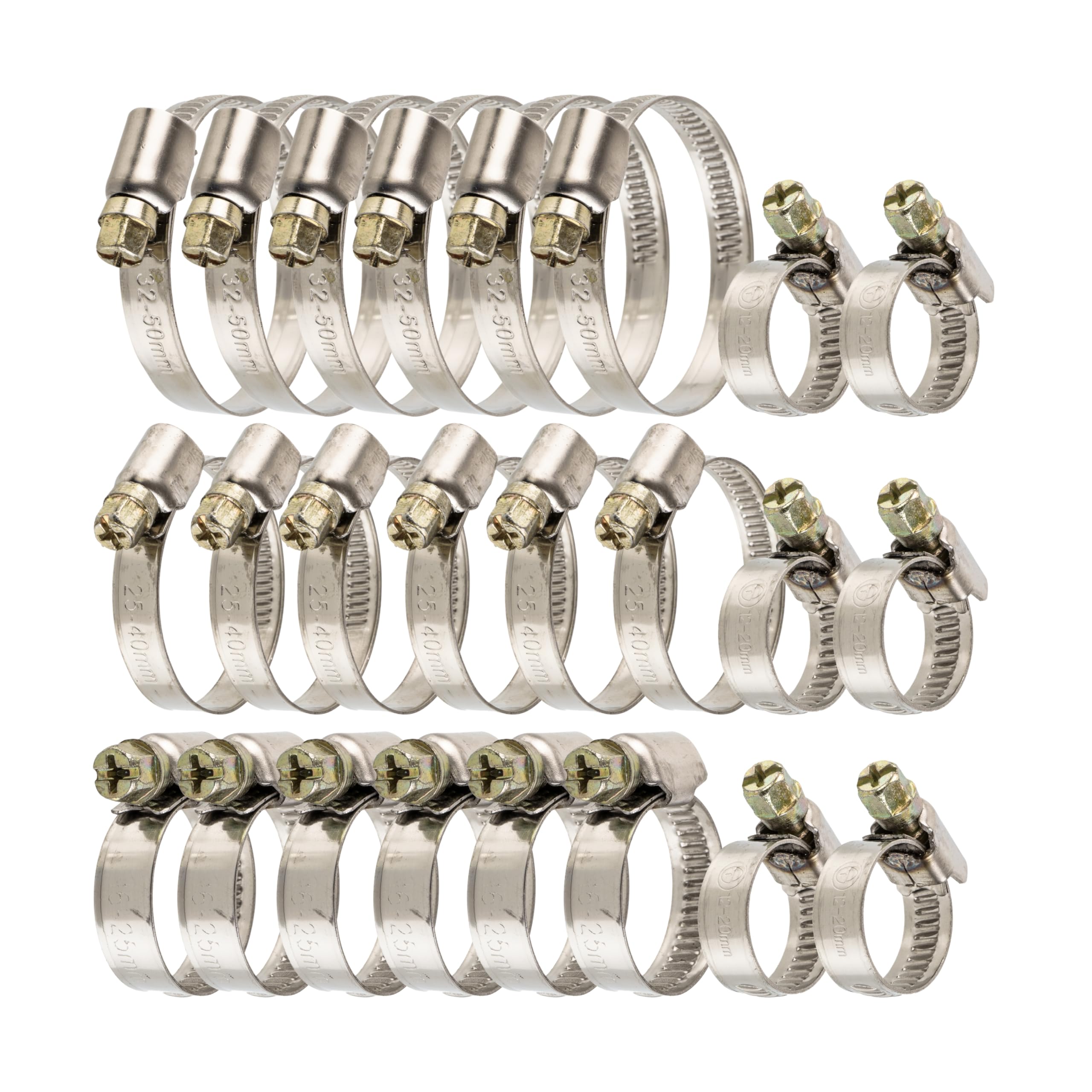 Hose Clamps with Worm Drive Set, 24 Pieces, Clamping Range Ø 12-50 mm, 6 x Clamps Each with Ø 12-20, 16-25, 25-40, 32-50 mm, W2 Stainless Steel, Clamps with Cross Recess SW 7, Hose clamp