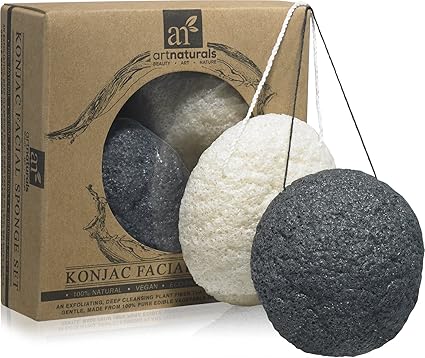 Art Naturals® Konjac Facial Sponge Set - 2 Pack (Charcoal Black & Natural White)100% Natural Great for Sensitive, Oily & Acne Prone Skin -Best Beauty Facial Scrub for gentle deep cleaning & exfoliation