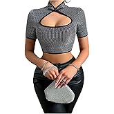 SweatyRocks Women's Going Out Crop Tops Sparkly Cut Out Fitted T Shirts Short Sleeve Cheongsam Top