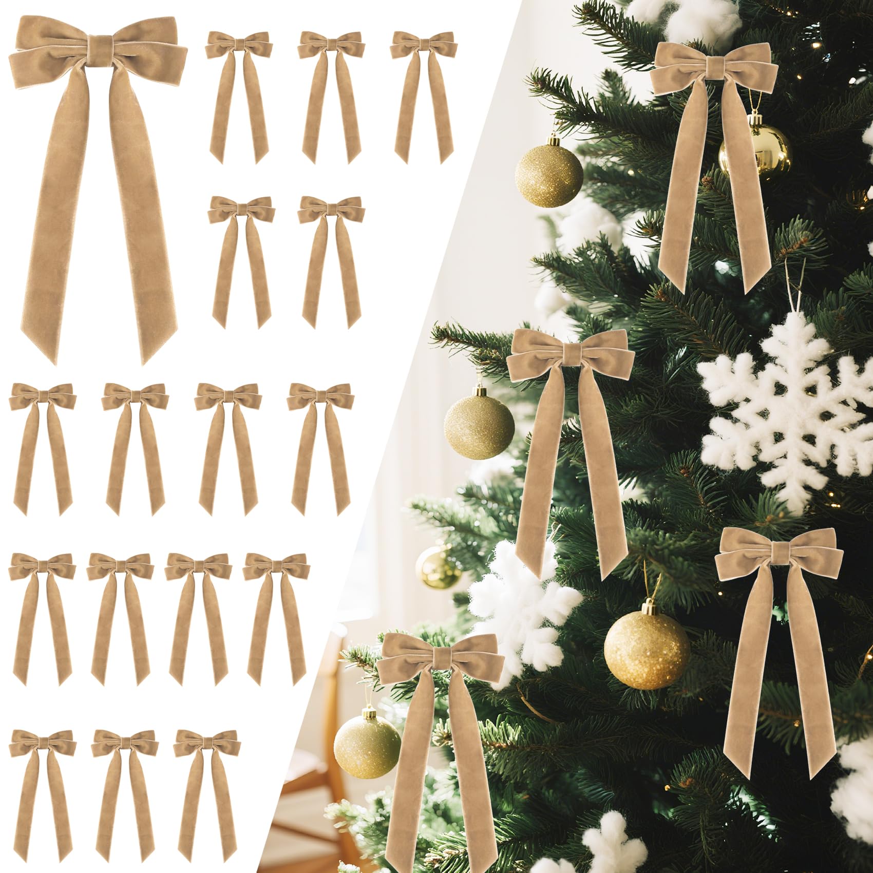 Photo 1 of 16Pcs Velvet Ribbon Bows for Christmas Tree, Vintage Rustic Small Craft Bows Ornaments for Garland Wreath Gift Wrapping Candy Bags Party DIY Decorations (Khaki, 5" x 10", Width of 1")