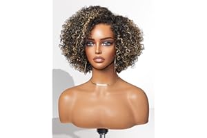 LUVME HAIR 8 Inch Blonde Highlight Short Curly Human Hair Wig Glueless Pre Plucked Left C Parted Ombre Bob Wig, Ready to Go Pre Cut HD Lace Closure Wig