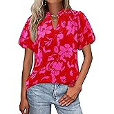 MASCOMODA Boho Short Sleeve Floral Work Blouses for Women Dressy Casual V Neck Puff Sleeve Loose Chiffon Flowy Tops Shirts