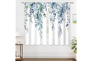 oolygoo Teal Eucalyptus Botanical Leaves Floral Window Curtains Blue Watercolor Turquoise Flower Plant Wildflower Farmhouse Curtain Drapes Herb Curtains for Bedroom Living Room Treatment 42Wx45H Inch