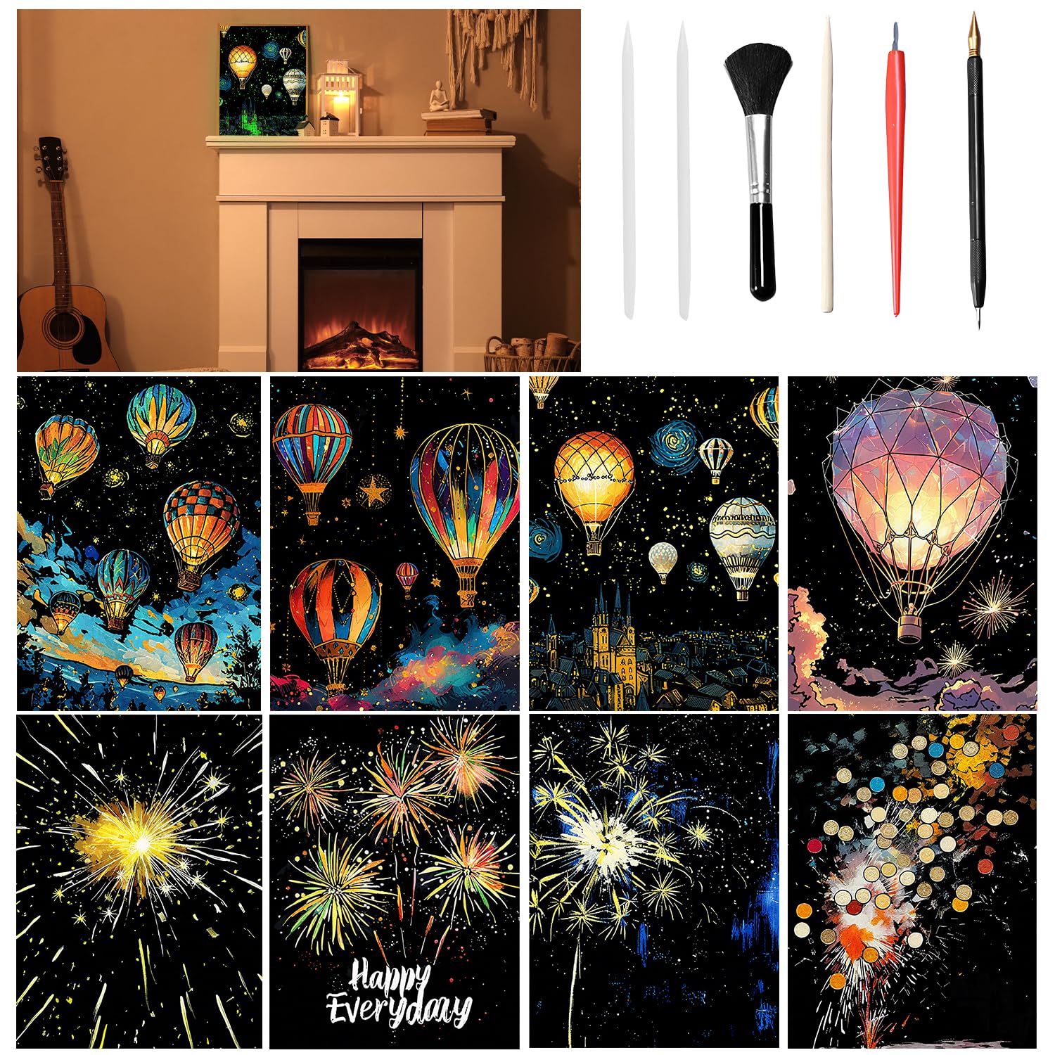 VLYX Scratch Art for Adults and Kids - 8-Piece Rainbow Scratch Notes Kit with Scratching Tools, Creative Art Supplies Children & Adults（Hot Air Balloons & Fireworks）