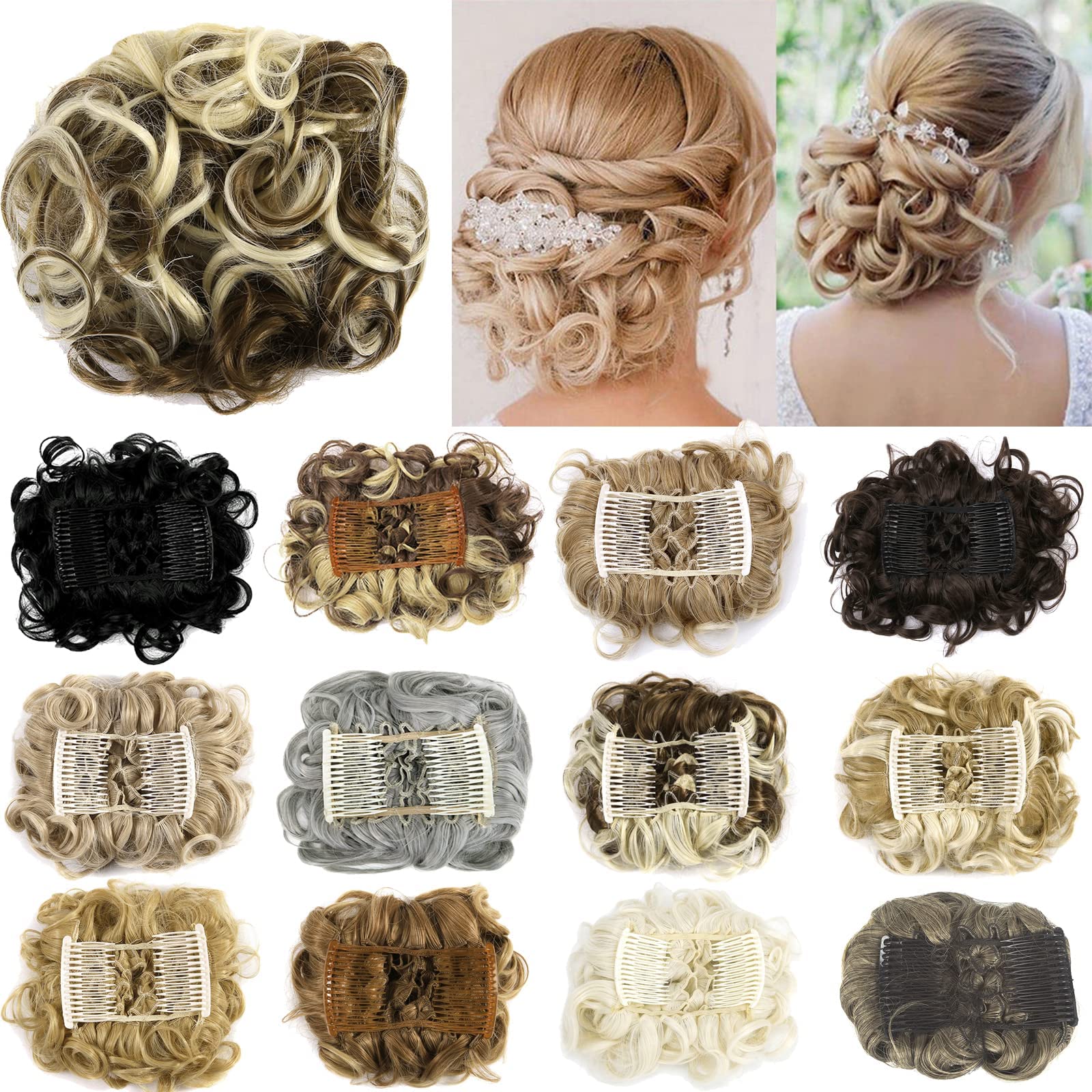 FXTYK Short Messy Hair Bun Clip in Hair Extensions Scrunchy Scrunchie Curly Wavy Stretch Hair Combs Clip In Chignon Ponytail Hairpieces-Chestnut Brown & Bleach Blonde