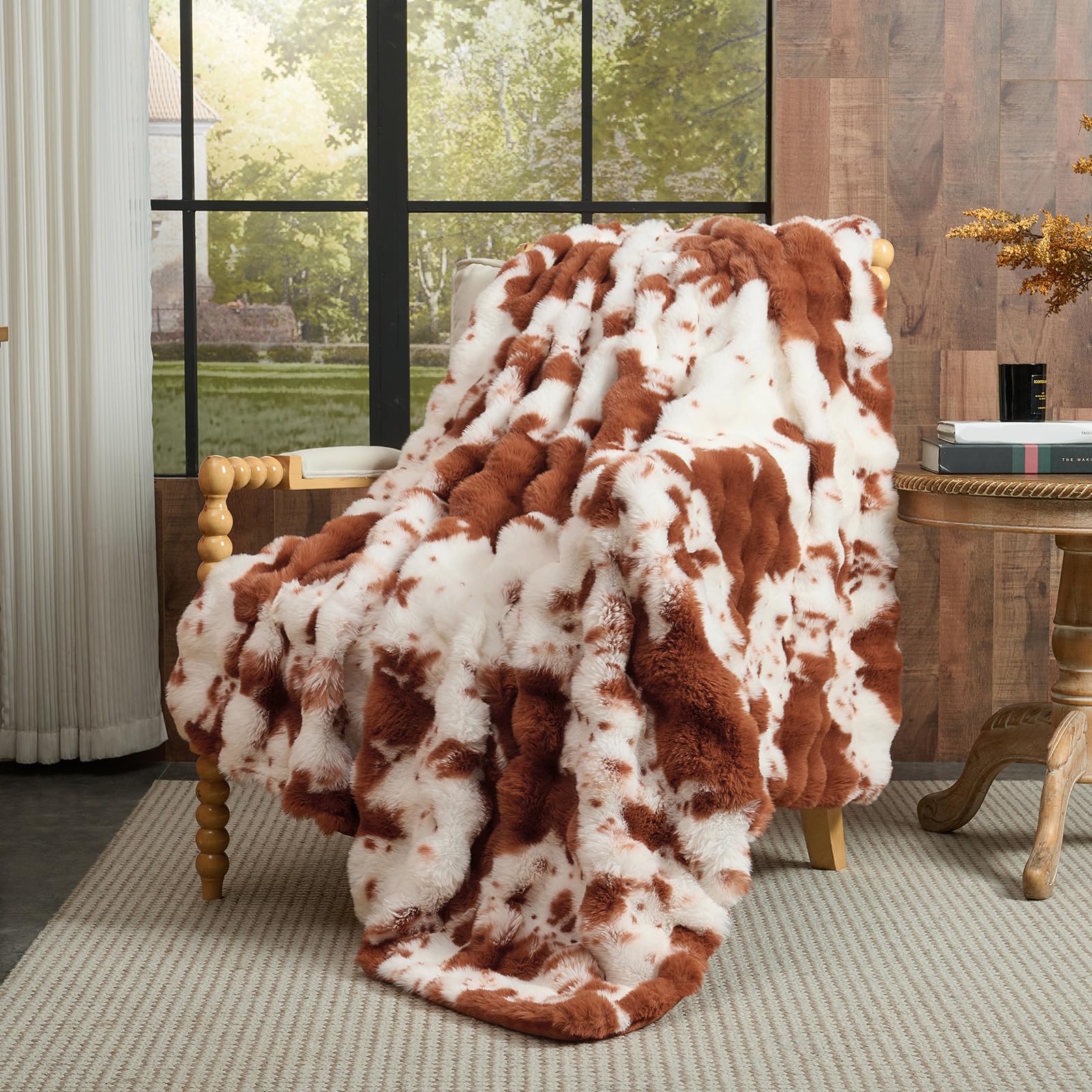 Photo 1 of Lotus Karen Faux Fur Throw Blanket Cow Print-Light Brown, Fluffy Fuzzy Plush Bubble Blanket for Couch, 90x90 InchesCozy Shaggy Rabbit Blanket, Luxury Decorative Gifts for Sofa Bedroom Living Room.