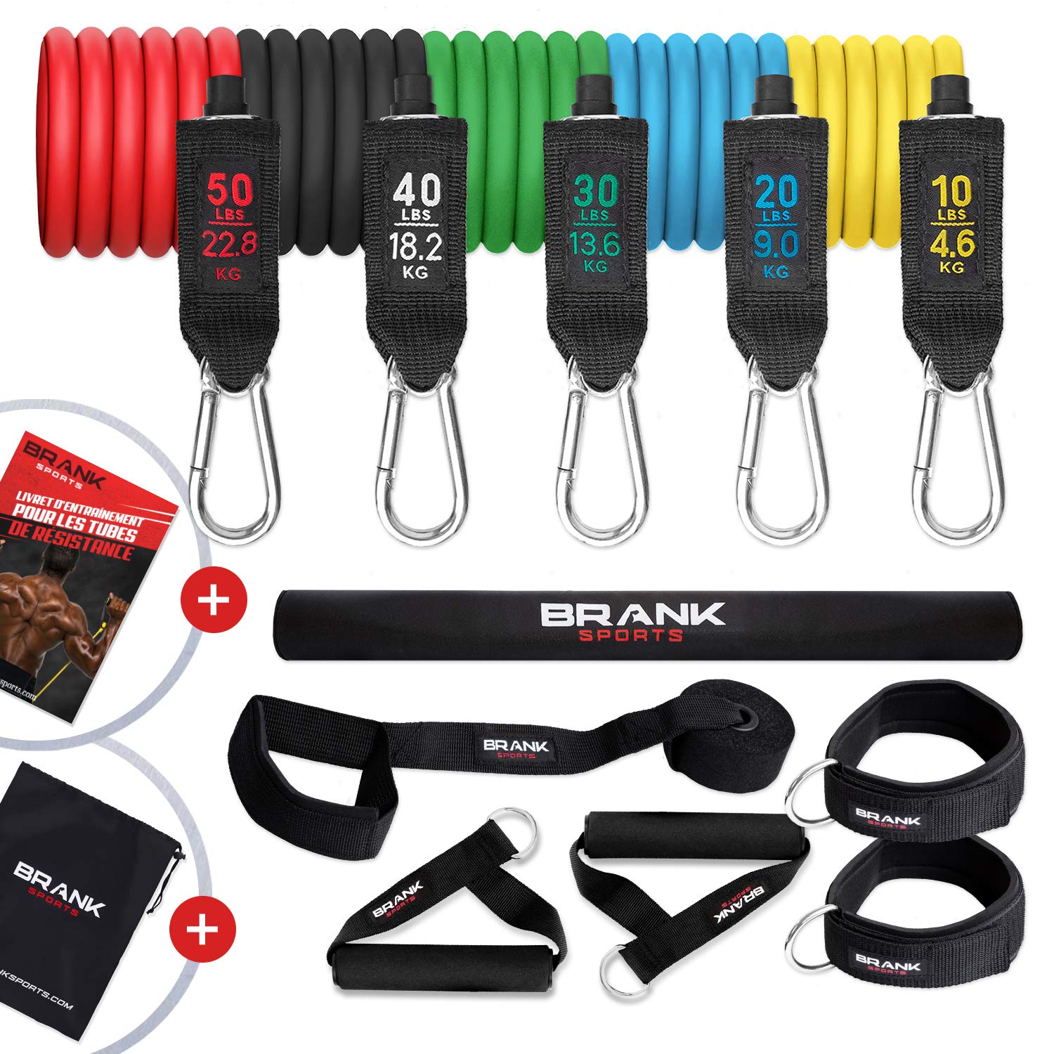 BRANK SPORTS Resistance Bands Set with Handles, Ankle Straps & Door Anchor 13Pcs - 4.5-68 KGs Resistance - Exercise Bands Resistance for Men & Women - Exercise Workout Guide, Tube Cover & Storage Bag