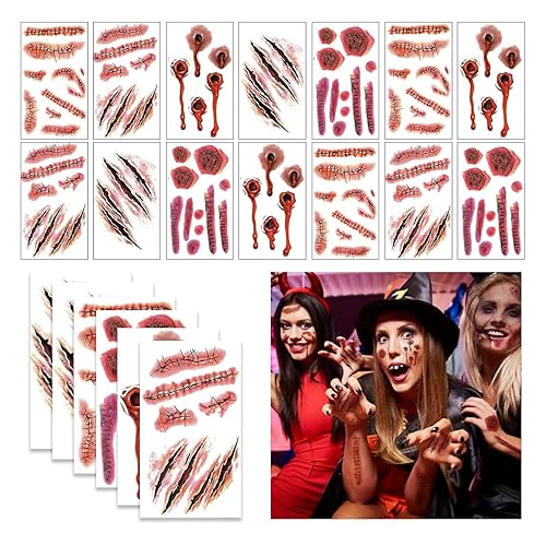 Halloween Tattoos - 20 Sheets Scars and Wounds, Fake Blood, Zombie Makeup Kit, Vampire Bite Marks, Costume Supplies for Women and Men