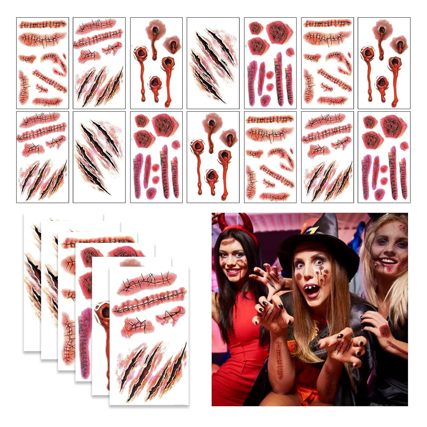 Halloween Tattoos - 20 Sheets Scars and Wounds, Fake Blood, Zombie Makeup Kit, Vampire Bite Marks, Costume Supplies for Women and Men