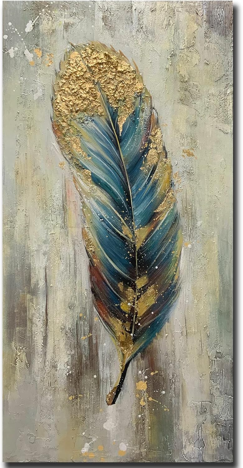 Paintings - Boieesen Art,24x48Inch Acrylic Framed Wall Art Hand Painted Abstract Feather Oil Paintings Retro Style Artwork Metallic Gold Paintings for Living Room Bedroom Wall Décor