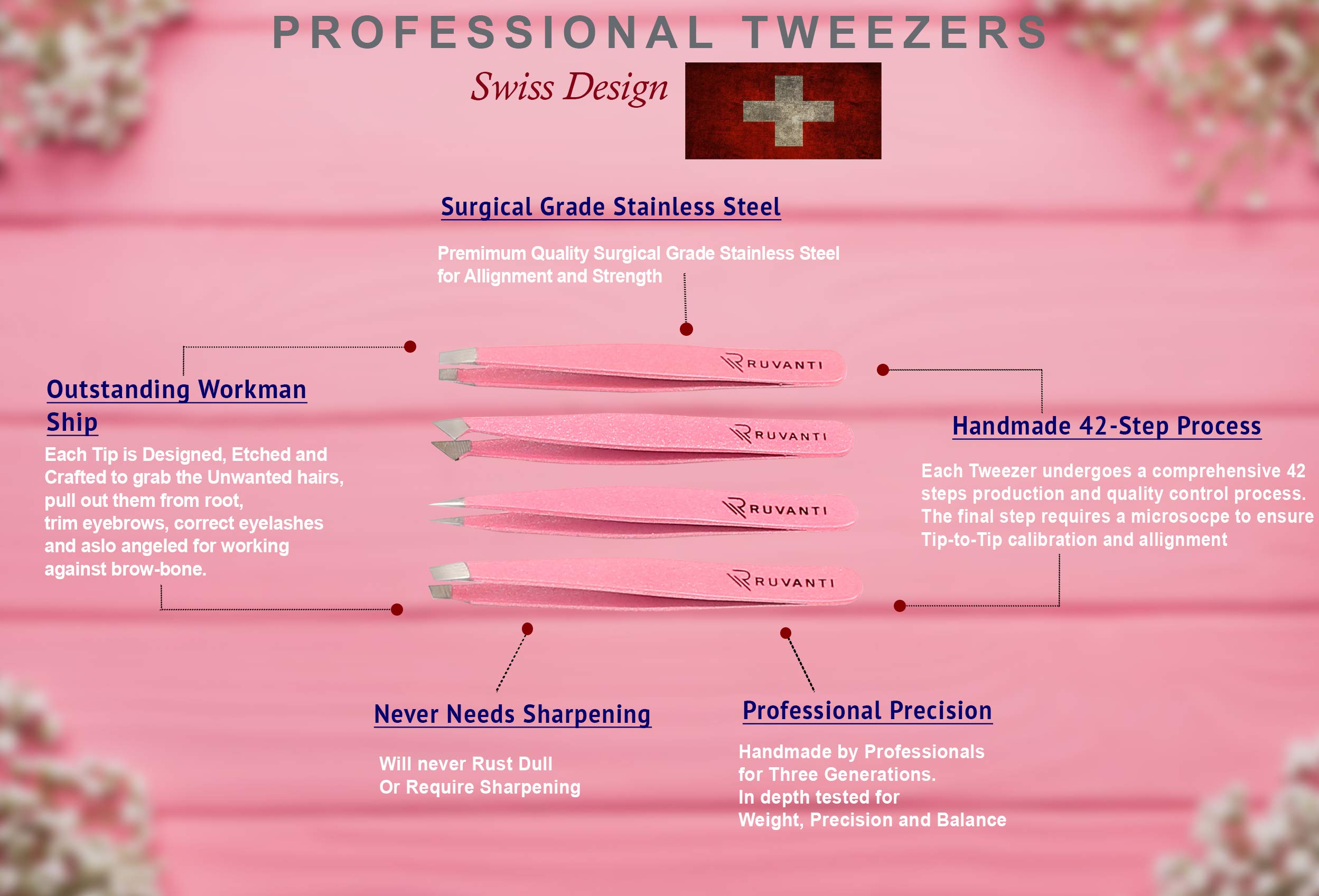 Ruvanti-4 Piece Professional Stainless Steel Tweezers Set - Eyebrow Tweezers, Slant tip, Pointed & Straight Best Precision Tweezers for Facial & Ingrown Hairs,Splinter & Hair.