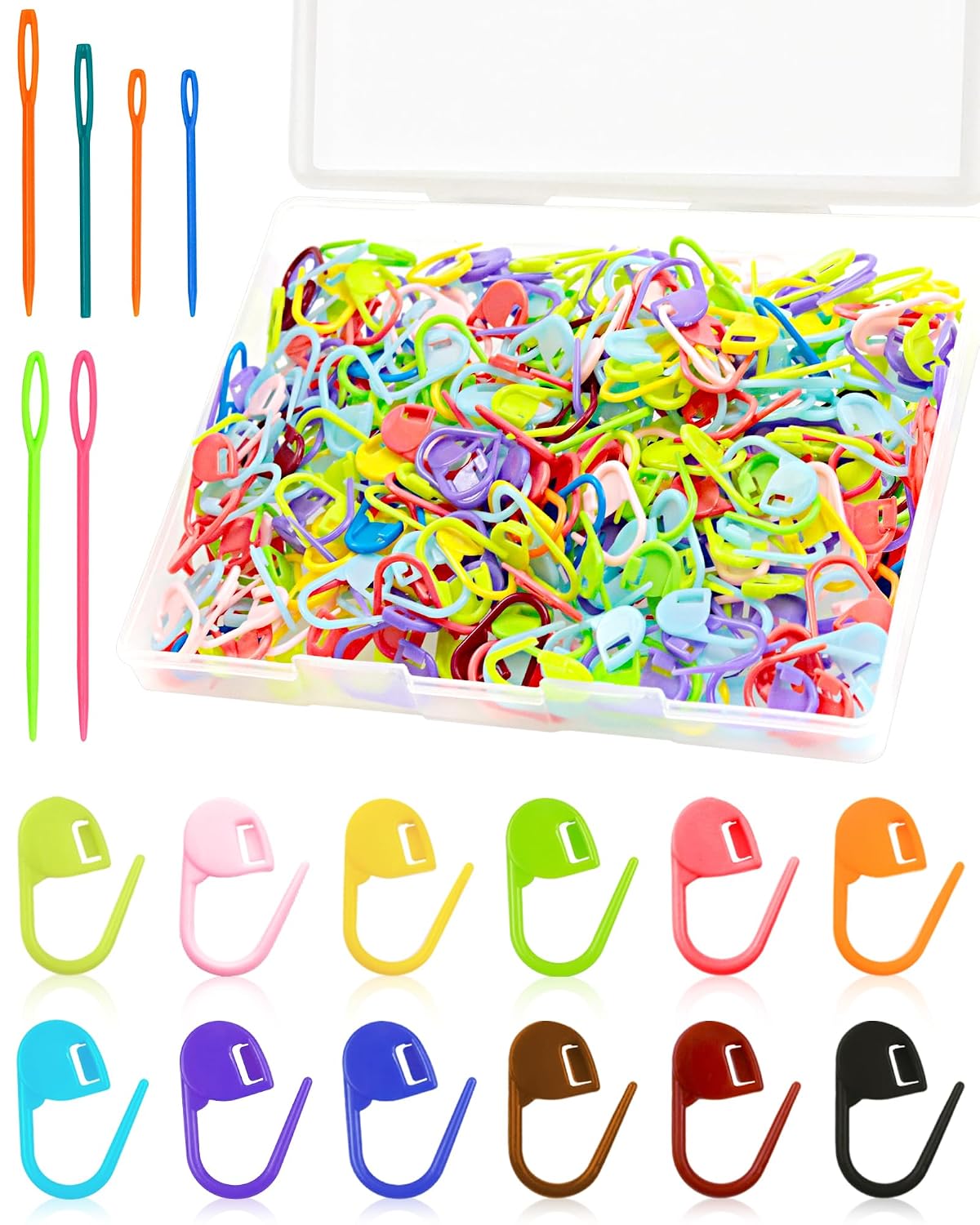 FIVEIZERO 300pcs Stitch Markers for Crocheting & 6pcs Blunt Sewing Needles | Mix Random Color Knitting Markers;Reusable Bulk