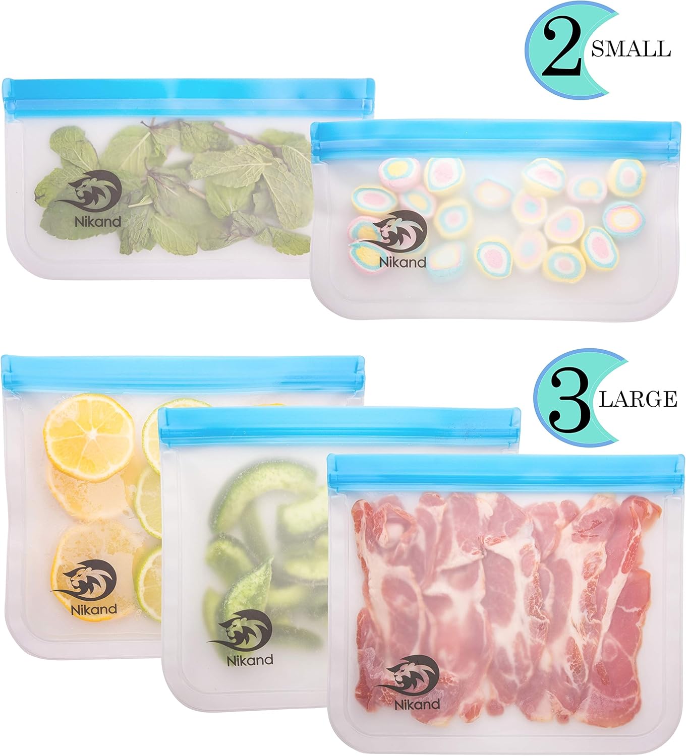 Reusable Storage Bags - 5 Pack BPA Freezer Food Container Ziplock for Sous Vide Liquid Lunch Snack Sandwich Fruits Silicon Bag Zip Lock Size Gallon Large Silicone Plastic Conteiner (White-5)