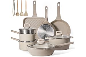 CAROTE Pots and Pans Set Non Stick, 16Pcs Kitchen Cookware Set, Stackable Induction Cookware, Pot and Pan set, Pans for Cooking, Taupe Granite