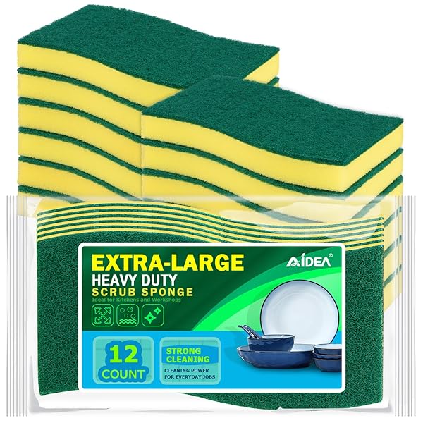 AIDEA SPONGES KITCHEN, XL HEAVY DUTY DISH SPONGE, CLEANING DISH SCRUBBER SPONGE FOR HOME AND KITCHEN, EXTRA LARGE CLEANING SUPPLIES FOR POTS, PANS, 12 PACK