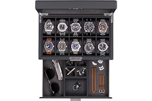 ROTHWELL 10-Slot Watch Box in Leather with Valet Drawer, Luxury Watch Case Display Organizer with Ultra Soft Microsuede Liner, Jewelry and Sunglass Holder With Large Glass top (Carbon)