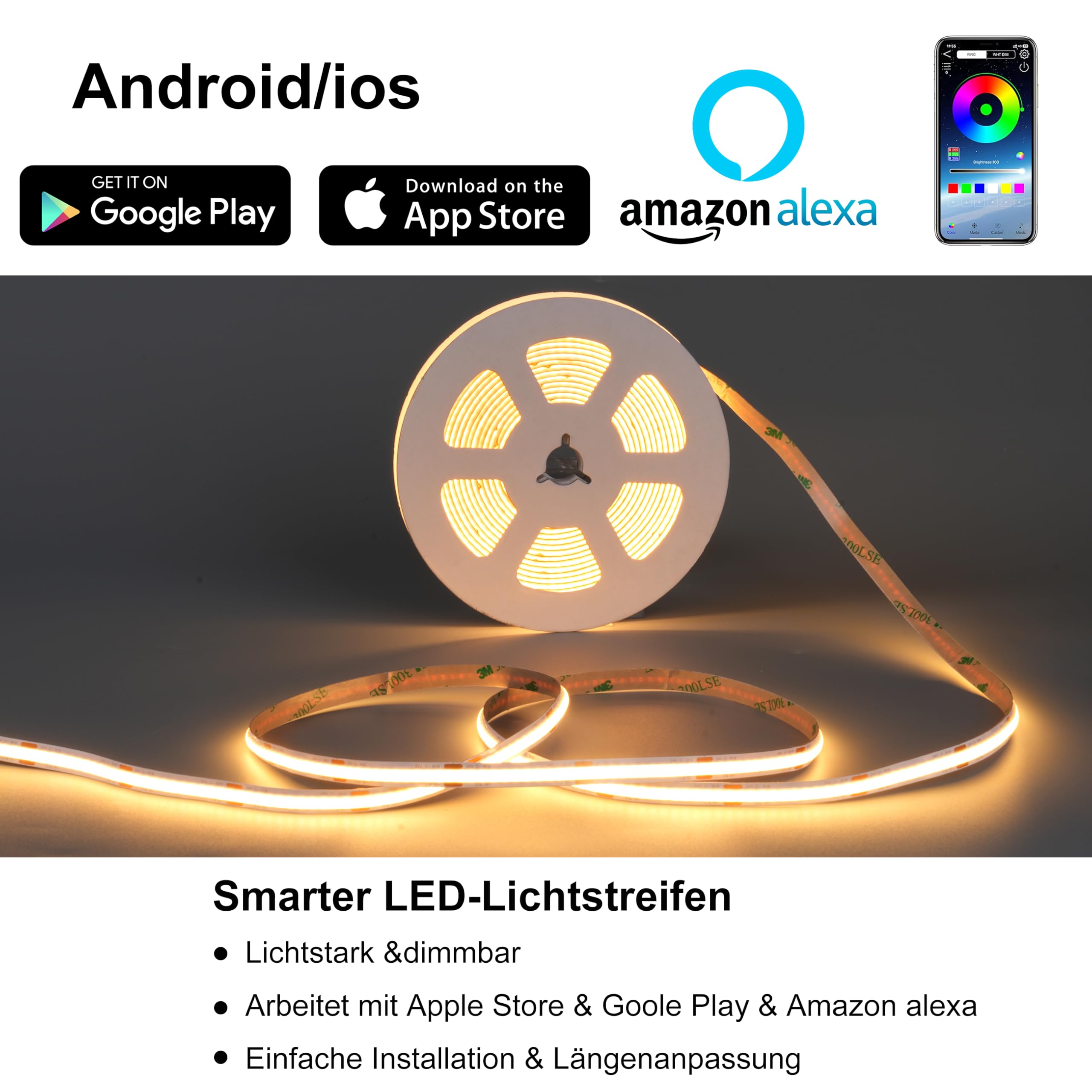 lichtvoll 24V COB Led Streifen Led Strip Led Band 5M 480LEDs/m, Flimmerfrei Dimmbar mit Touch-Schalter, 2.4G Controller 60W Netzteil, Geeignet für Küche Wohnzimmer, Kompatibel mit Alexa Hey Google 2