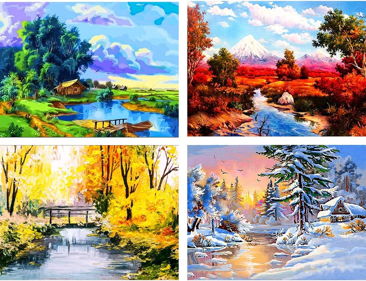 Ginfonr 4 Pack 5D Diamond Painting Full Drill Four Season Landscape by Number Kits