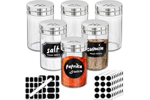 Segarty Glass Spice Jars with Labels, 6 Pack 3oz Glass Spice Bottles with 136 Blank Label Stickers and 1 Chalk Marker, Empty Spice Jars with Shaker Lid, Seasoning Containers Set for Kitchen