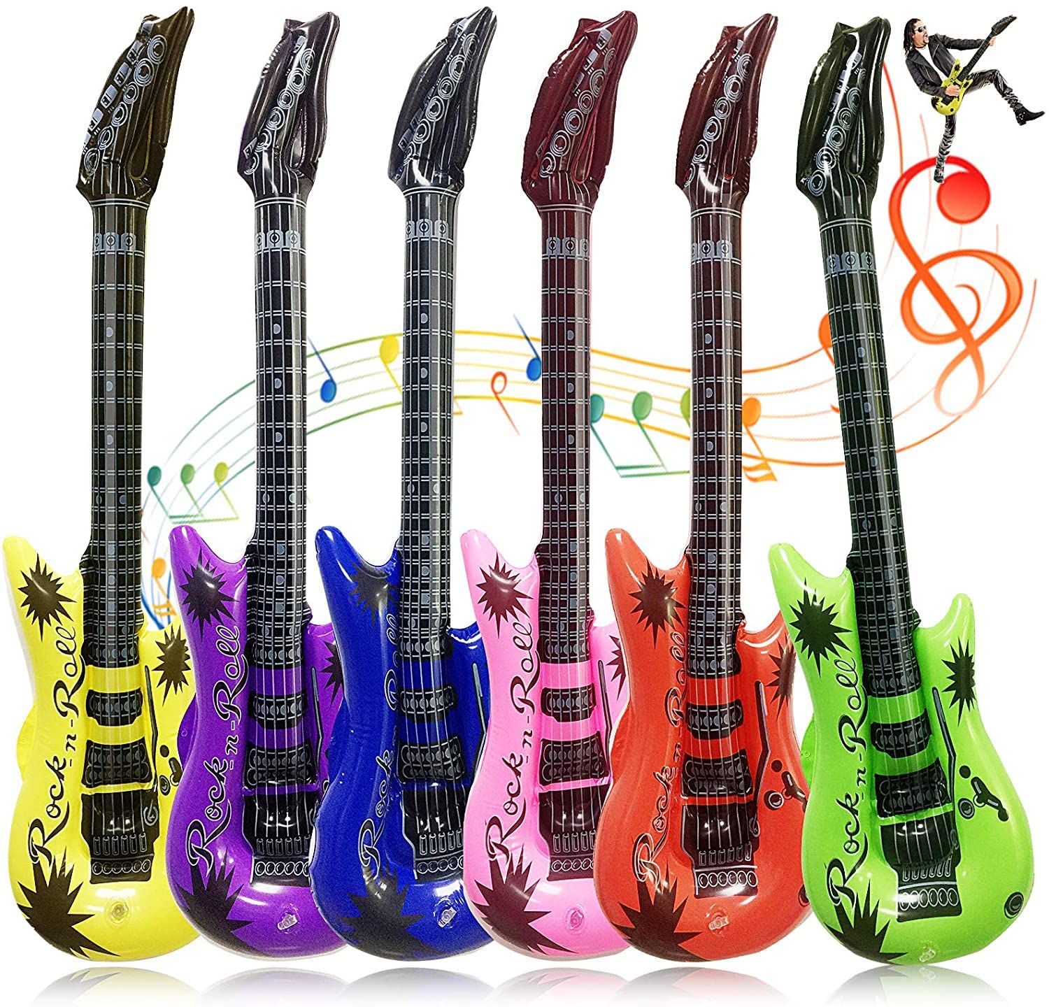 Assorted Color Inflatable Guitar Toys - 36In Waterproof Guitar for Kids Birthday Party, Karaoke Themed Rock and Roll Party Favors