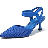 fereshte Women's Pointed Toe Kitten Heel Sandals, Knit Fabric, Elastic Ankle Strap Dress Pumps