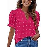 Blooming Jelly Women's Puff Sleeve Casual Tops Fashion White Polka Dot Blouses Dressy Ladies Summer Tops