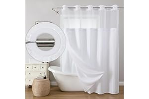 JYhoney White No Hook Shower Curtain with Snap in Liner, 230GSM Waffle Weave Shower Curtains Waterproof Polyester Fabric Show
