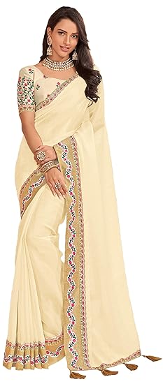 Womens Indian Fusion Tissue Silk Saree (Off white)