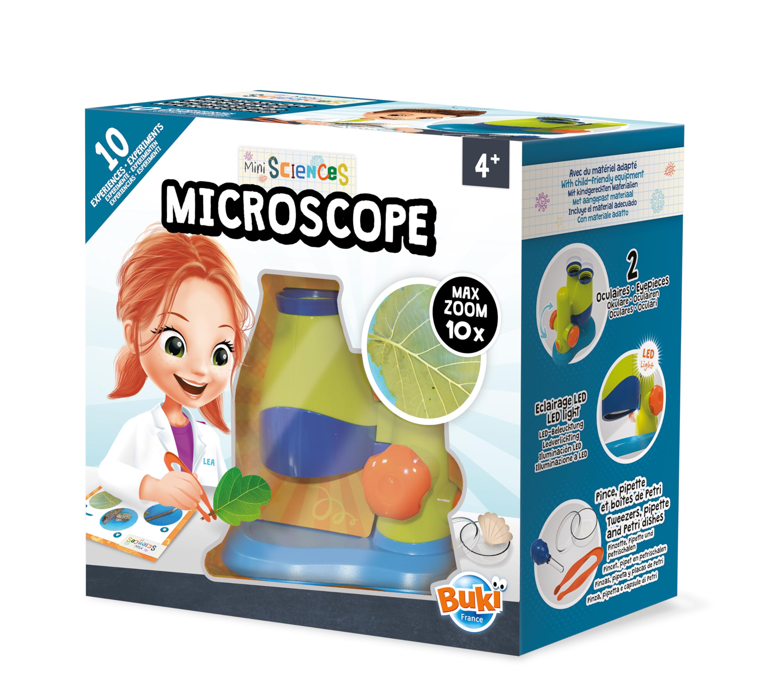 Buki France Mini Sciences Microscope with 10 Experiments & LED Light. Beginner Microscope STEM Kit. 10x Zoom With Large Eyepieces. Includes Illustrated Booklet & Accessories. Gift for Boys & Girls 4+