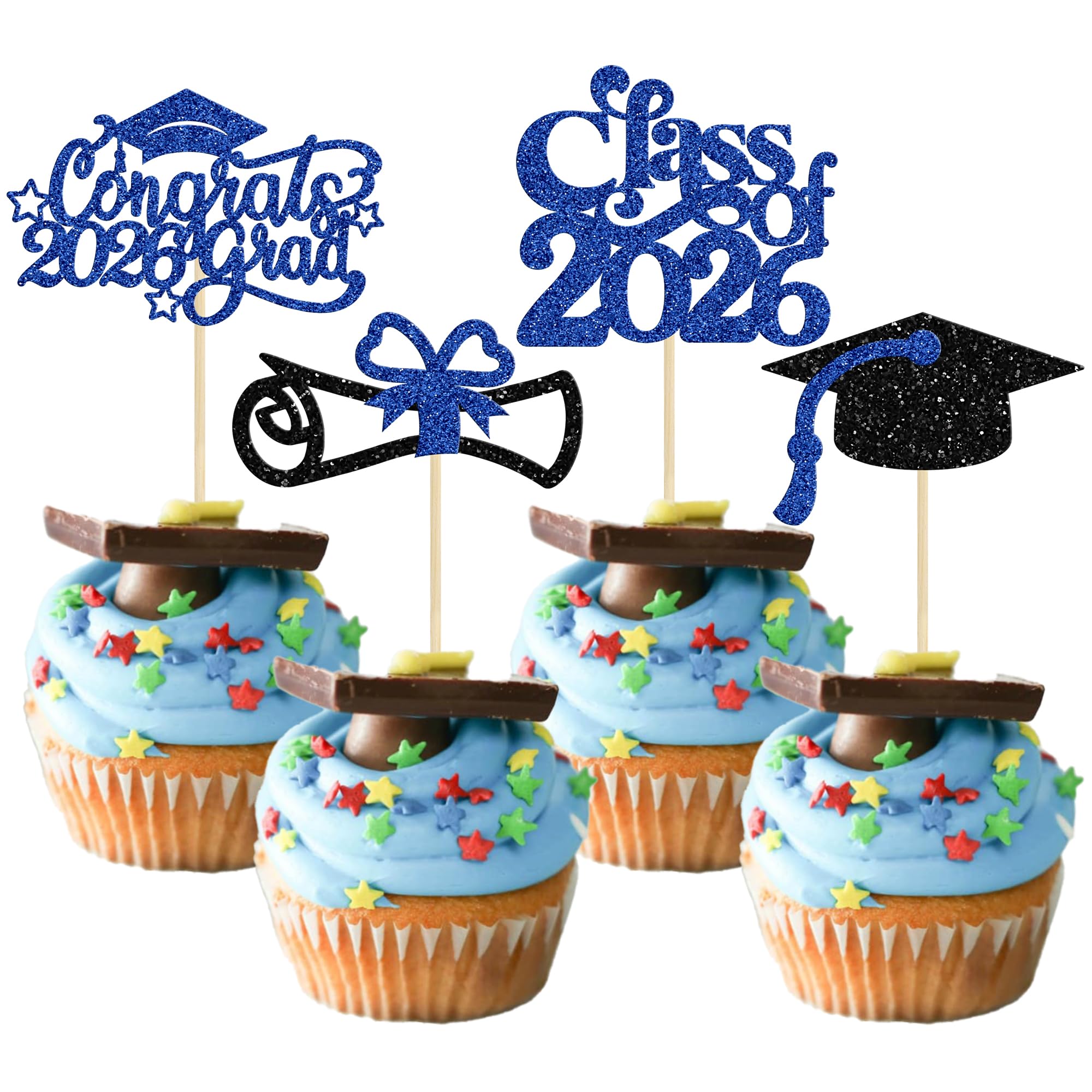 Gyufise 24Pcs 2026 Graduation Cupcake Toppers Glitter Class of 2026 Diploma 2026 Congrats Grad Cap Cupcake Picks 2026 Graduation Theme Party Cake Decorations Supplies Blue